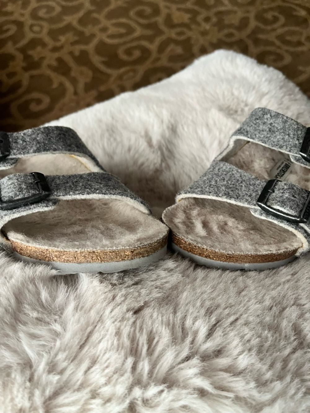 Birkenstock Arizona Gray Felt Double-Strap Shearling Slides Size 31 - Picture 9 of 9